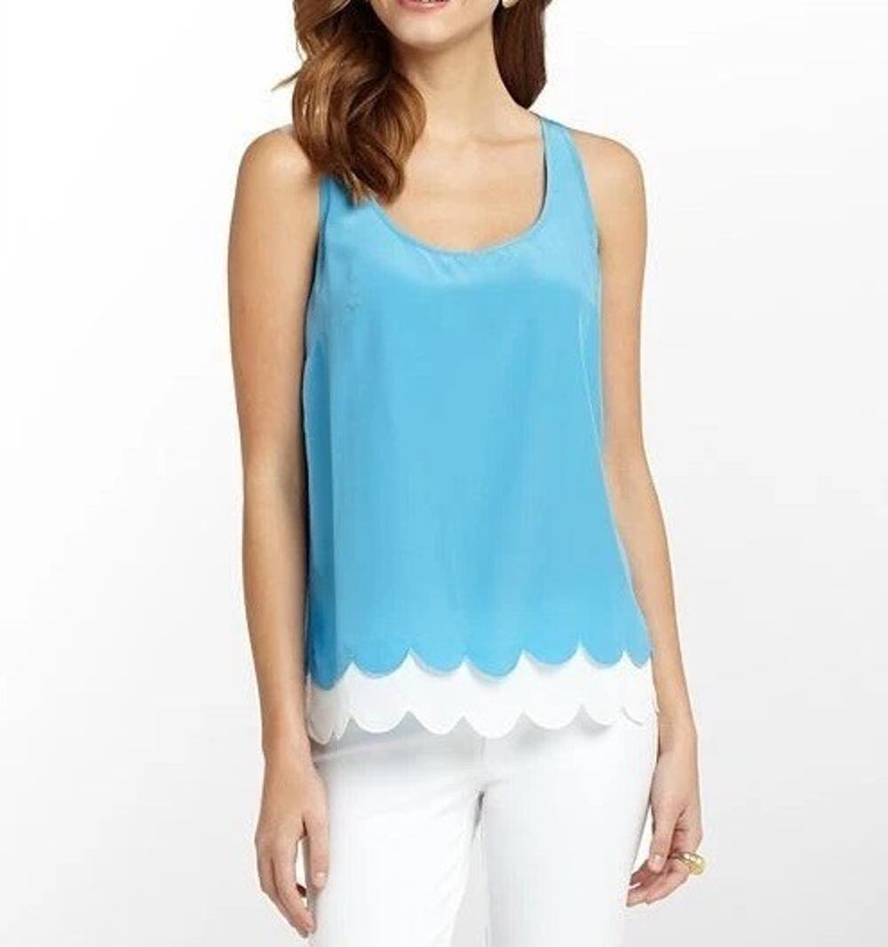 Lilly Pulitzer Carlina 100% Silk Top Size L Blue Scallop Boho A010791